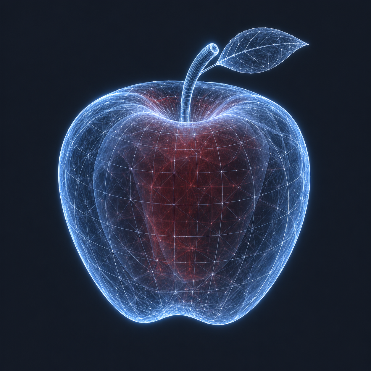 Pre-generated ghostlike 3D wireframe apple used in this simulated workflow