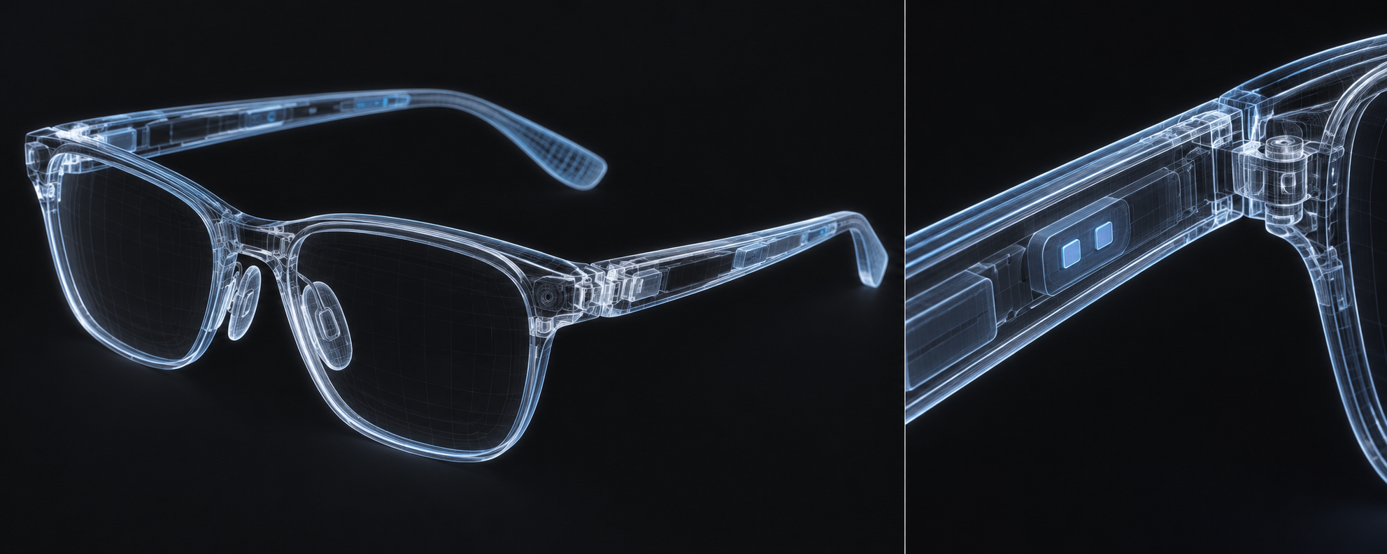 Translucent 3D wireframe XR glasses and a complementary mesh close-up of the inner temple sensor contacts