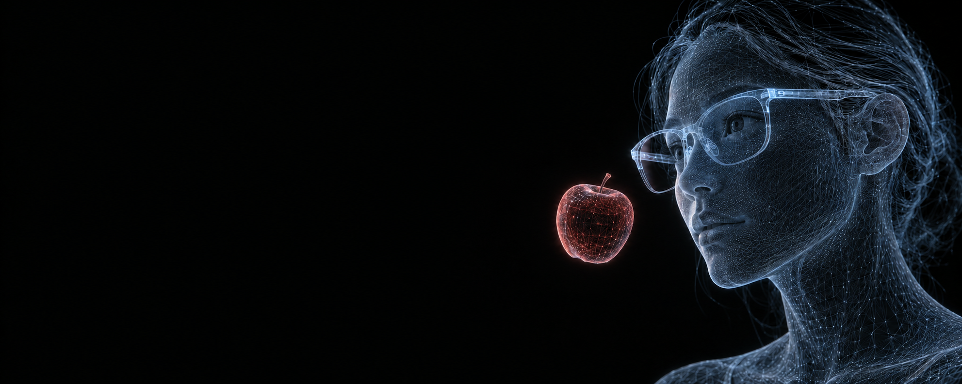 Ghostlike 3D wireframe woman wearing XR glasses with a floating translucent apple